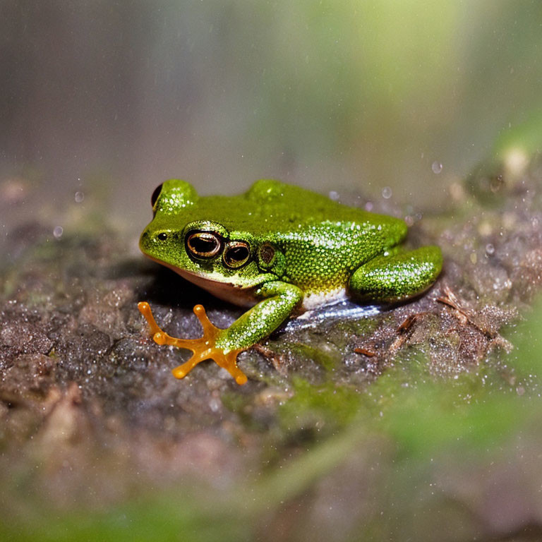 Green Frog with Prominent Eyes and Orange Feet on Wet Rock Surface