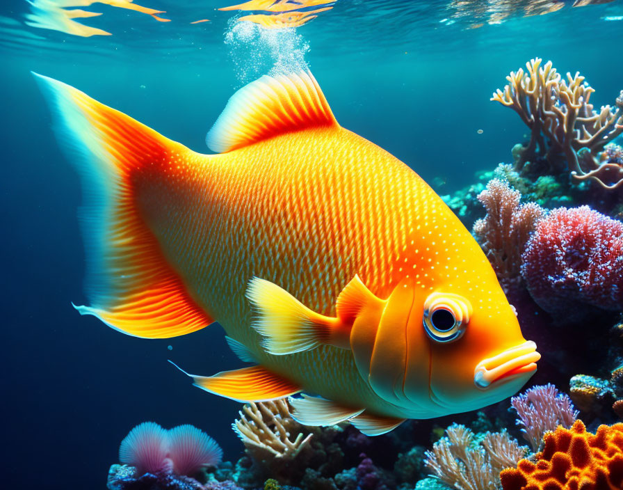 Colorful Orange Fish with White Stripes in Clear Blue Water