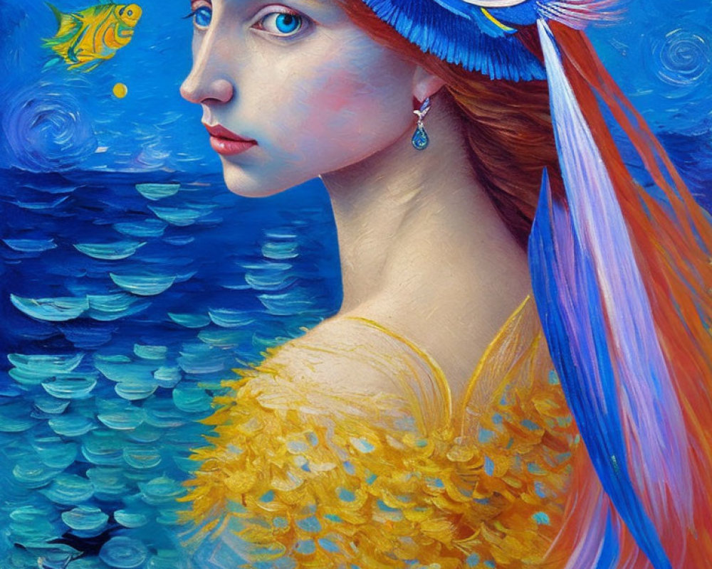 Woman with aquatic elements and fish on vibrant blue background in colorful attire