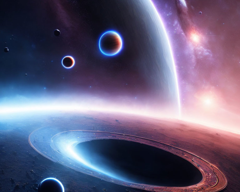 Ring-shaped structure orbits planet in futuristic space scene