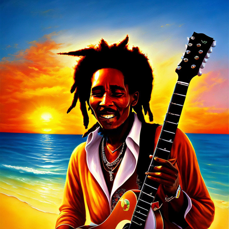 Person with dreadlocks holding guitar at ocean sunrise/sunset