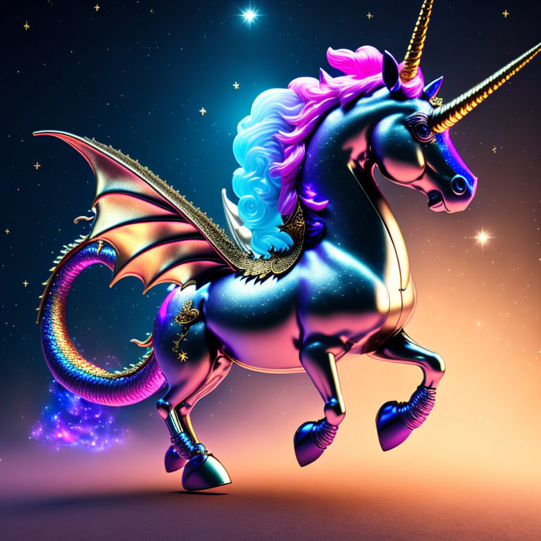 Mythical creature with unicorn body and dragon wings on starry background