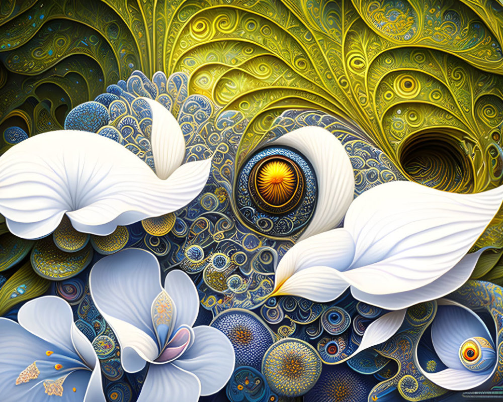 Fractal digital art: intricate blue and gold patterns with stylized flowers