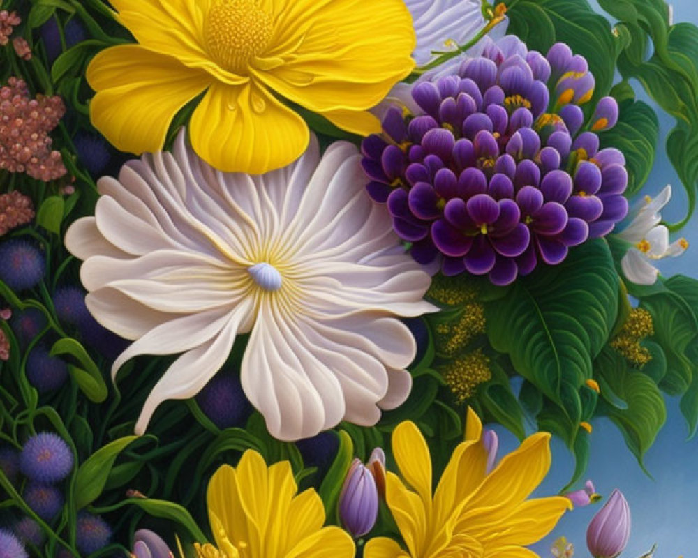 Colorful Floral Painting with Yellow and Purple Flowers, Green Leaves, and Blue Spheres