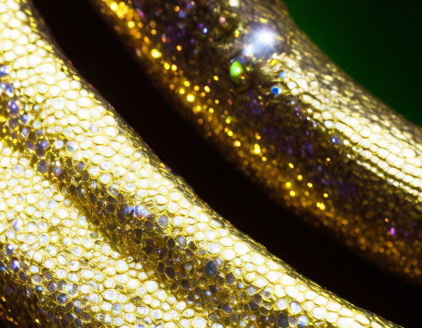Shiny golden textured surface with sparkling reflections on dark green background