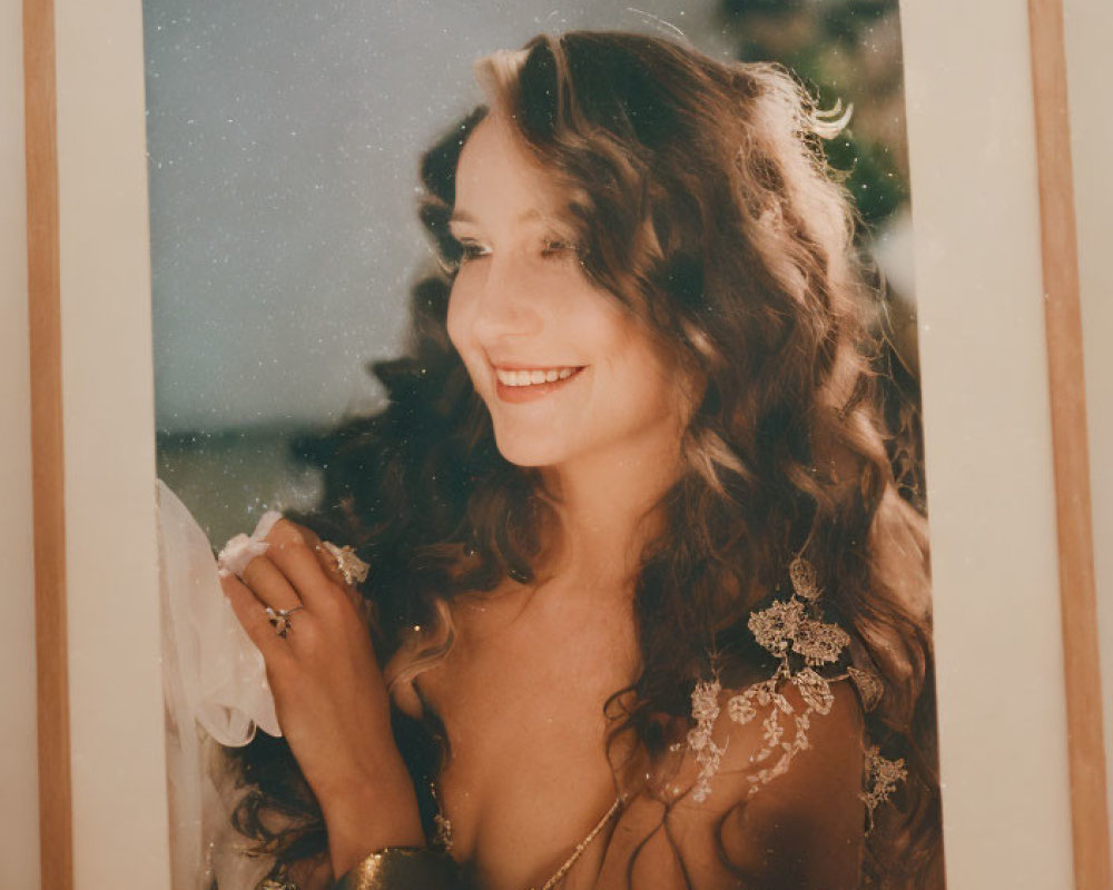 Smiling woman with curly hair in framed photograph