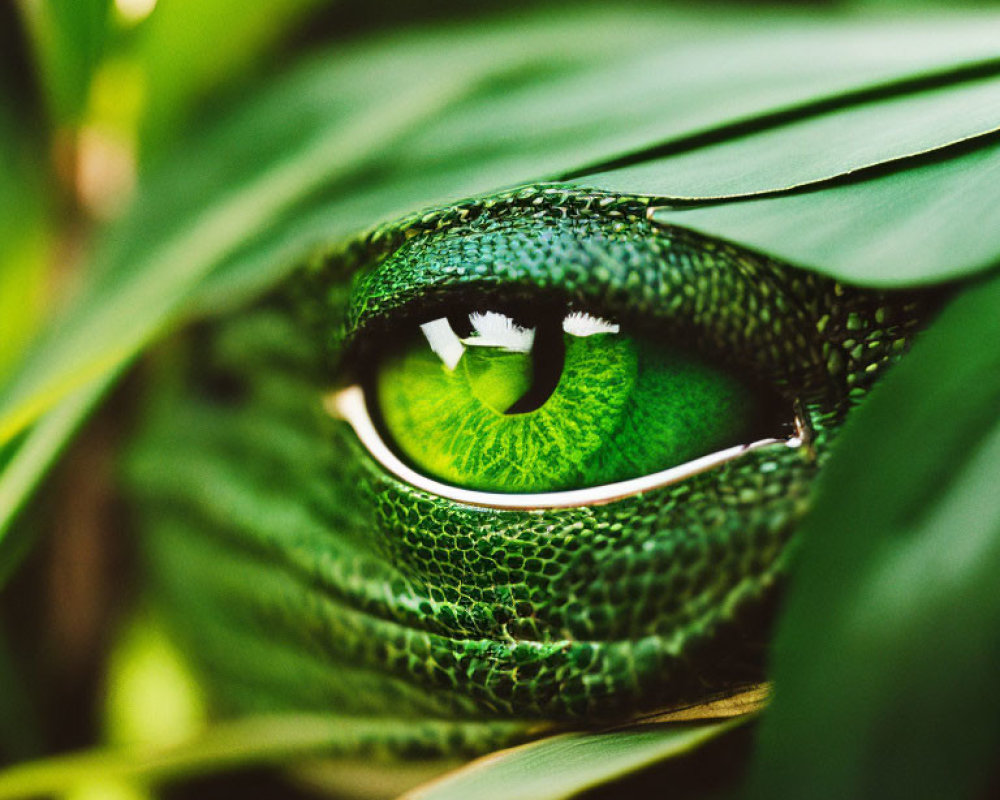 Vivid Green Reptilian Eye Among Lush Leaves