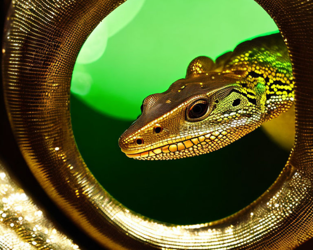 Gecko peering through circular hole on vibrant green background