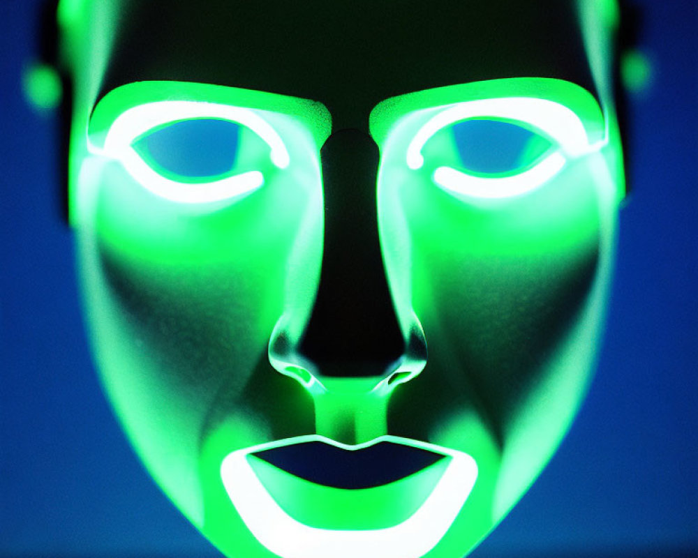 Neon Green Mask with Highlighted Eyes and Lips on Blue Background