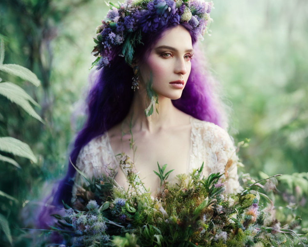 Purple-haired woman in floral crown and dress in ethereal forest scene