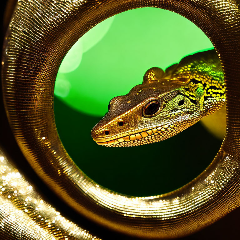 Gecko peering through circular hole on vibrant green background