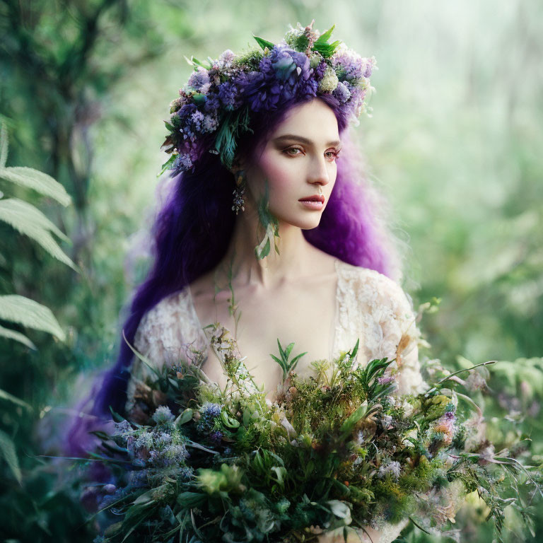 Purple-haired woman in floral crown and dress in ethereal forest scene