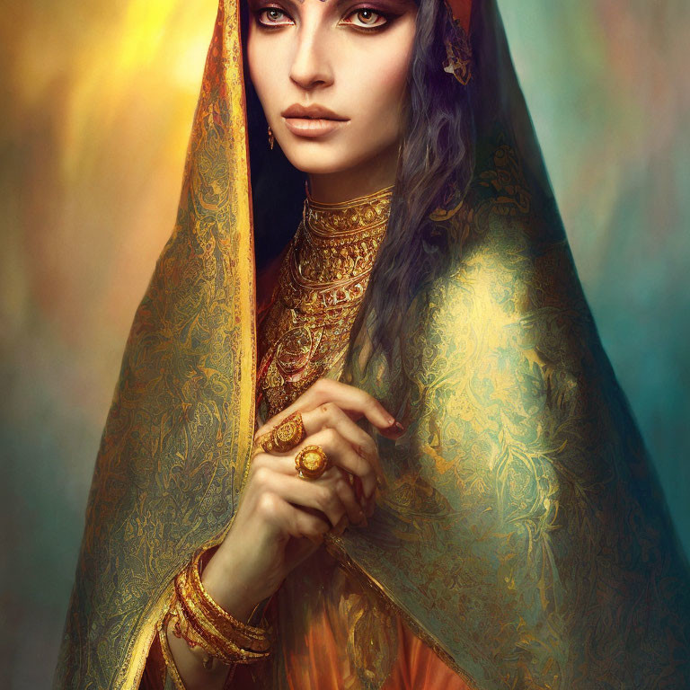 Woman in ornate golden veil and traditional jewelry gazes intently