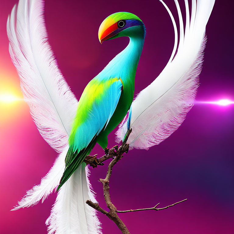 Colorful Imaginary Bird with Rainbow Body and White Feathers on Branch