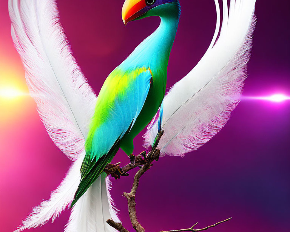 Colorful Imaginary Bird with Rainbow Body and White Feathers on Branch