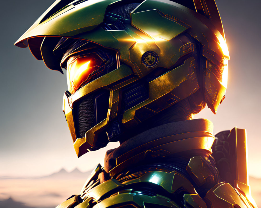 Futuristic soldier in advanced armor with glowing visor at sunrise