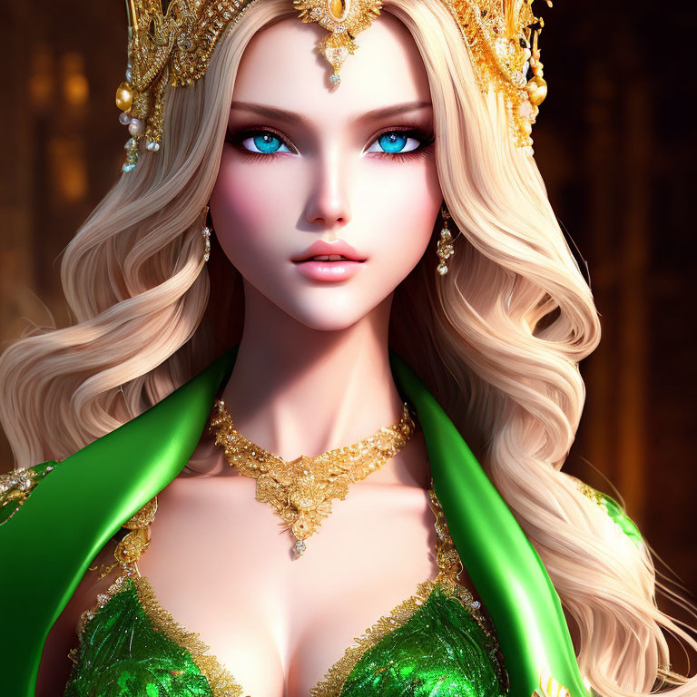 Regal woman with blue eyes in golden crown digital art