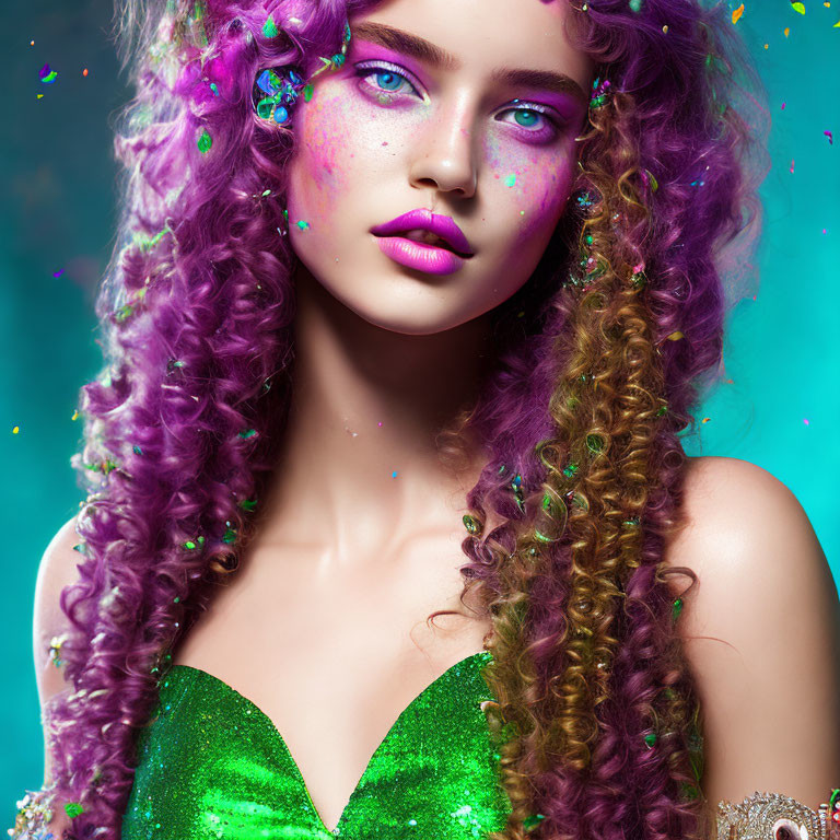 Vibrant purple hair woman with blue eyes and glitter makeup on teal background