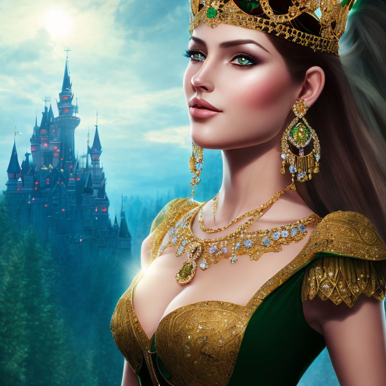 Animated queen with jeweled crown in enchanted castle forest.