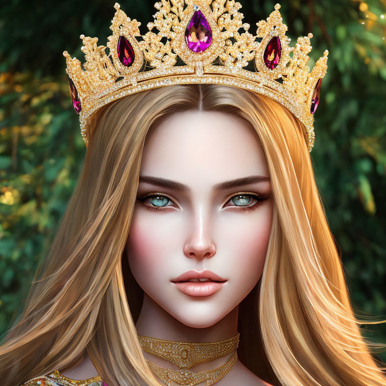 Digital artwork woman with green eyes, blonde hair, gold crown