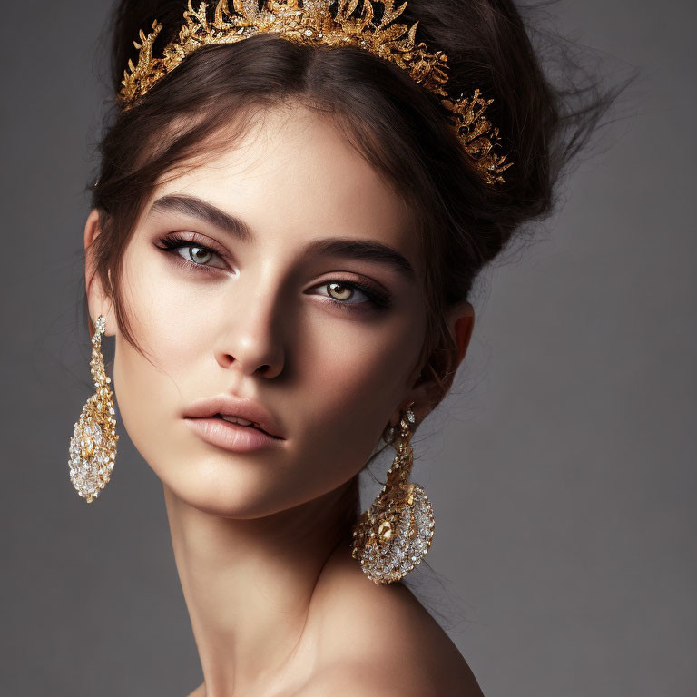 Woman with Smoky Eye Makeup, Golden Crown, Crystal Earrings