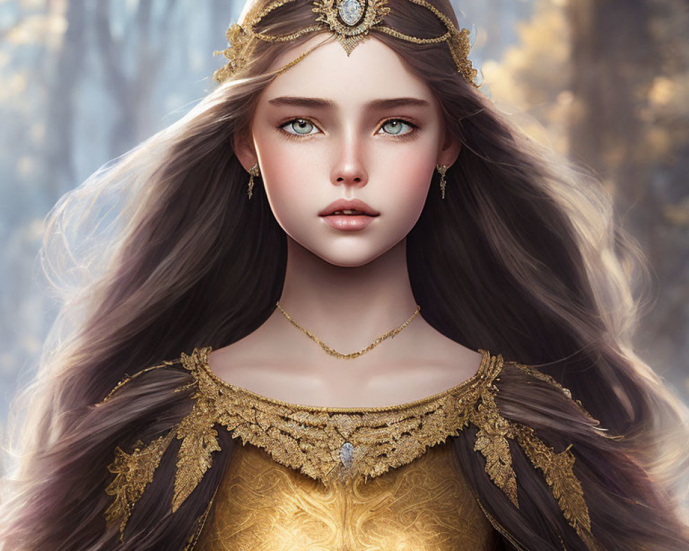 Digital art portrait of young woman with dark hair, blue eyes, golden crown, and regal attire