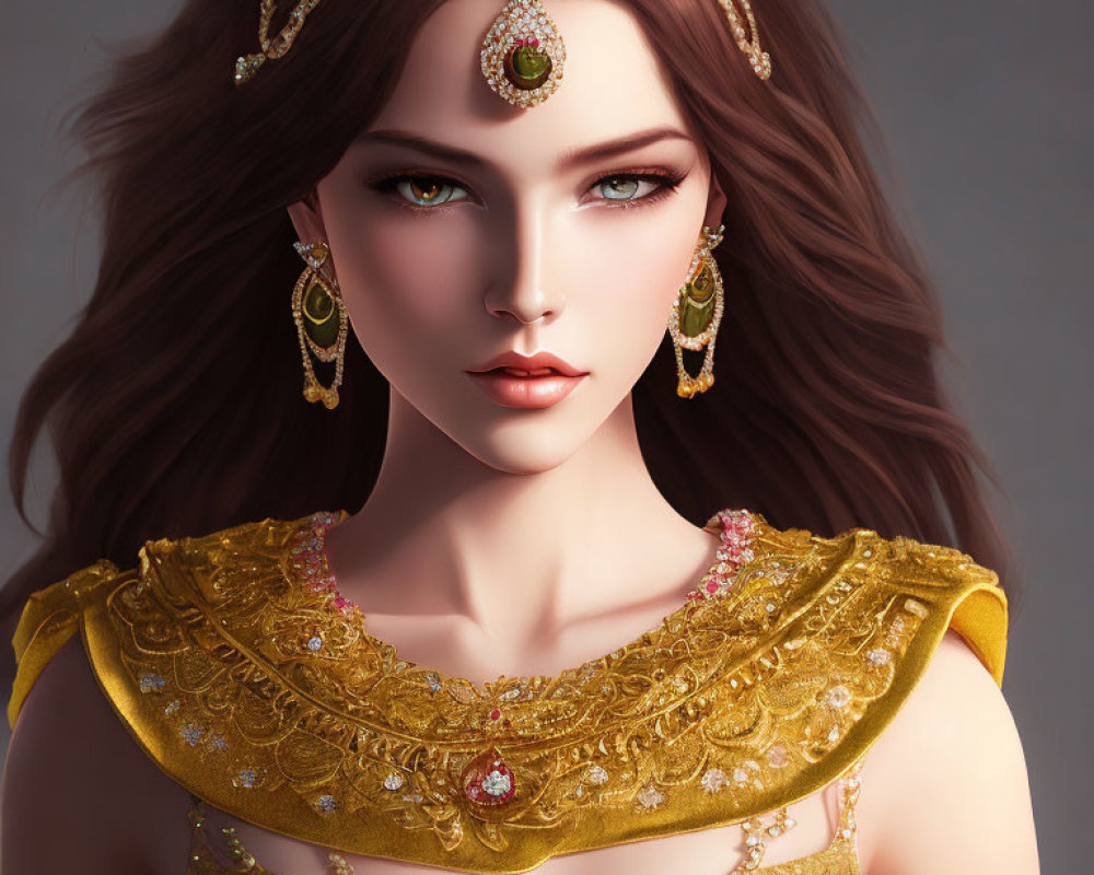 Woman with Brown Hair in Gold Crown and Dress with Gemstones