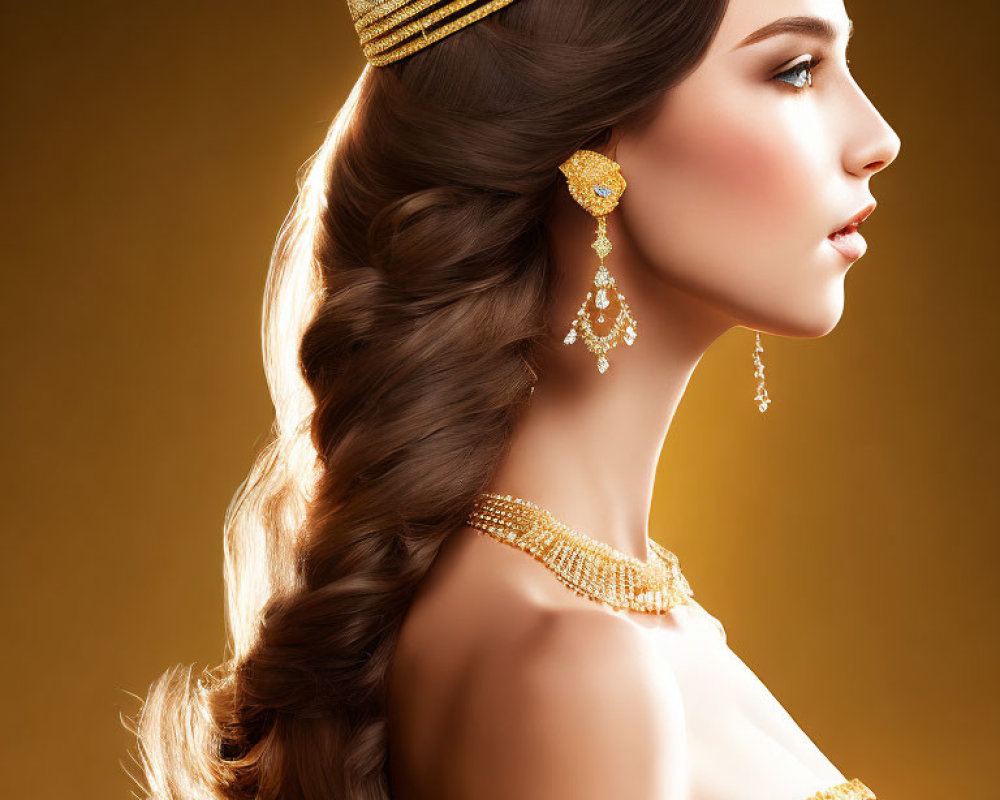 Elaborate braid woman with golden crown and earrings on golden backdrop