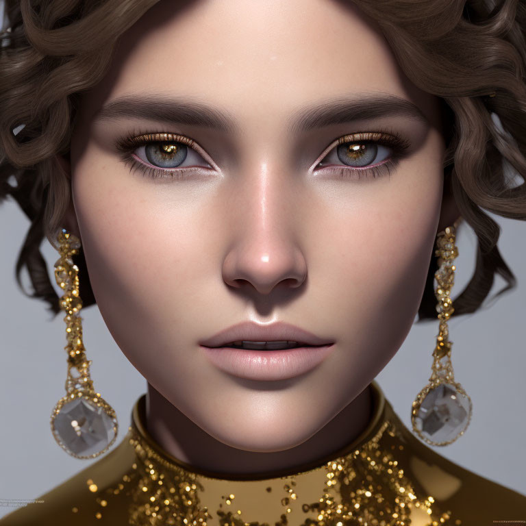 Close-Up Portrait of Woman with Golden Brown Eyes and Wavy Brown Hair in Shimmering Gold Out