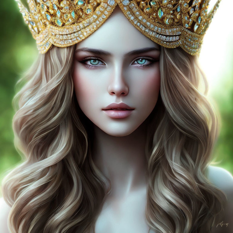 Digital portrait of woman with long wavy hair and blue eyes wearing detailed golden crown.