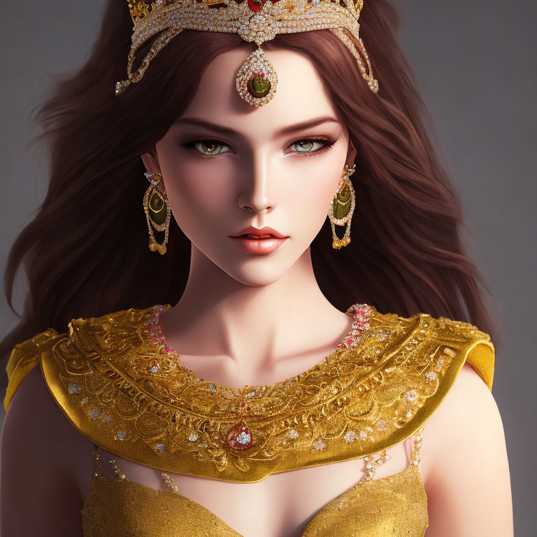 Woman with Brown Hair in Gold Crown and Dress with Gemstones