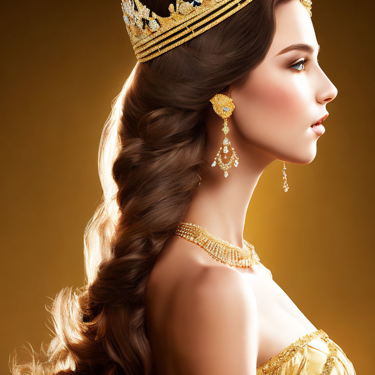 Elaborate braid woman with golden crown and earrings on golden backdrop