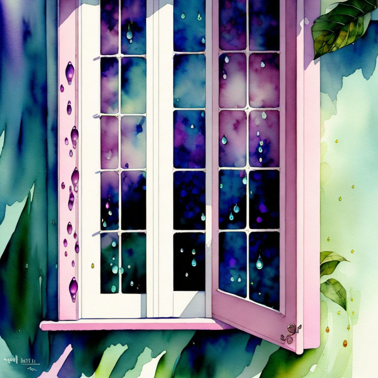 Watercolor painting: Open window with purple shutters, raindrops, green leaves, starry night