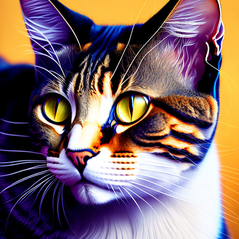 Colorful Cat Portrait with Yellow Eyes and Multicolored Fur