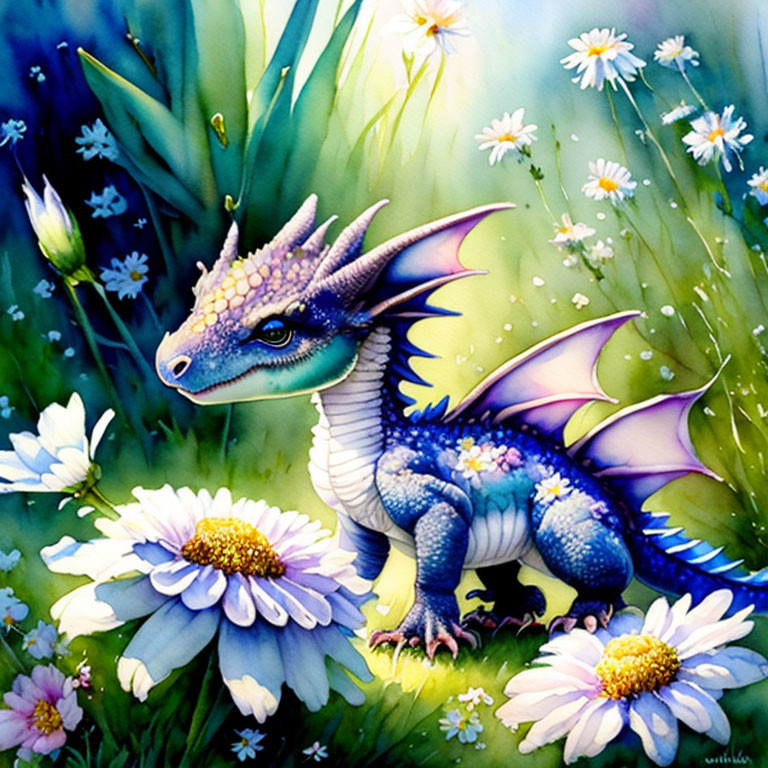 Vibrant young dragon amidst colorful daisies and greenery