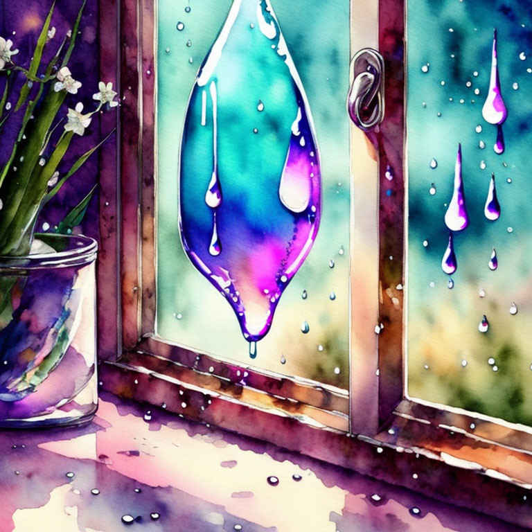 Window with Raindrops and White Flowers Watercolor Painting