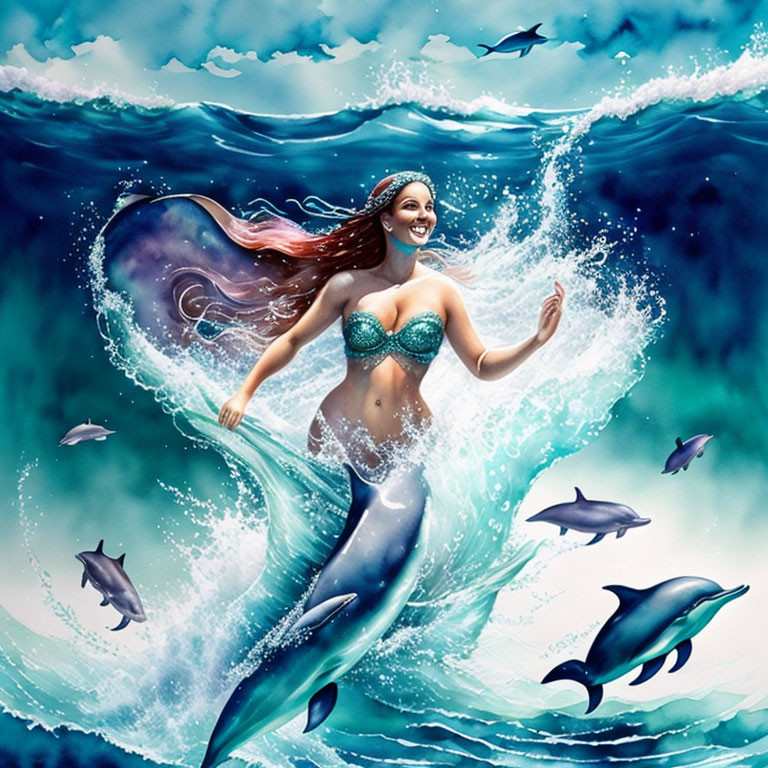 Mermaid swimming with dolphins in underwater scene