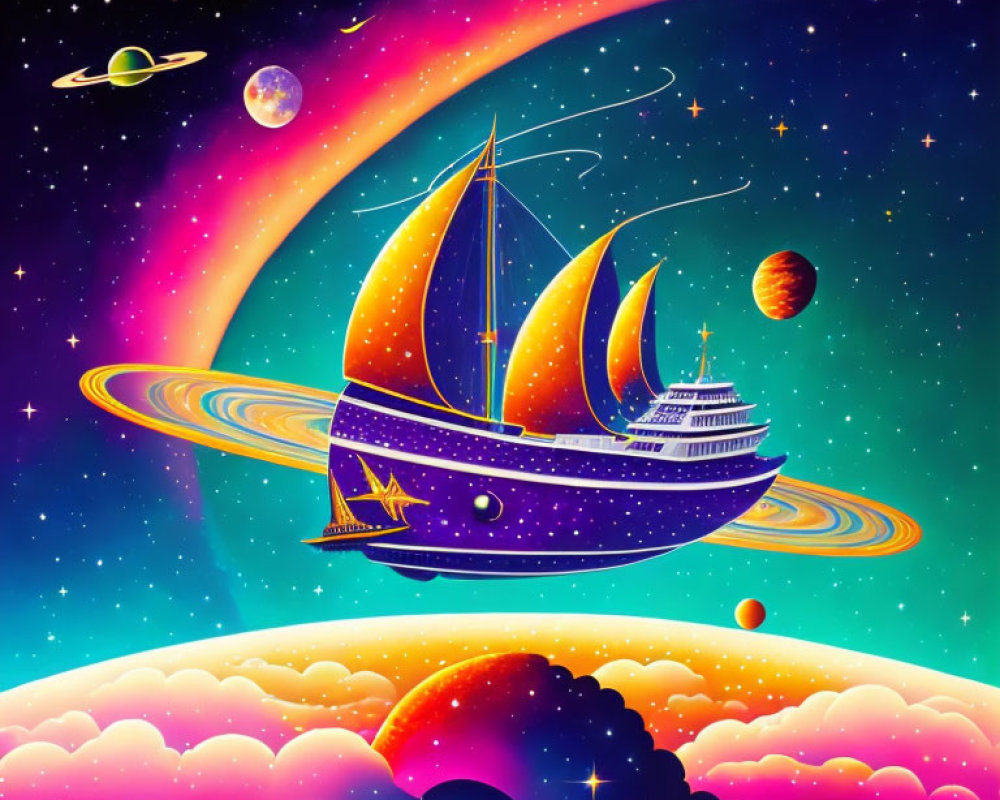 Colorful sailboat with spaceship features in cosmic landscape