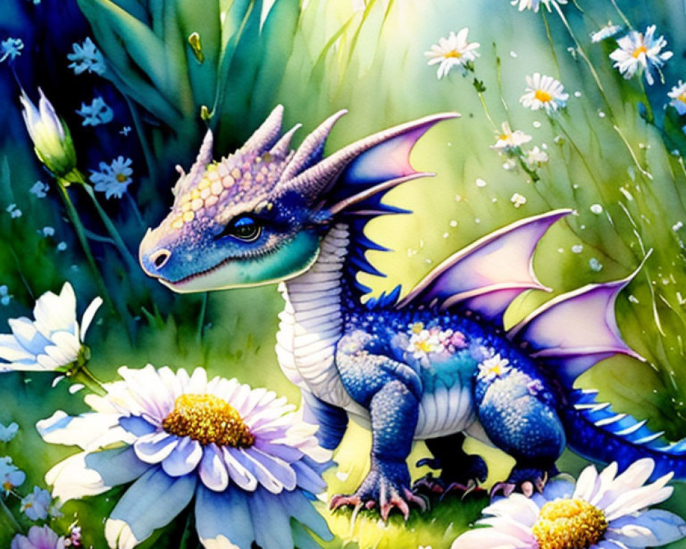 Vibrant young dragon amidst colorful daisies and greenery