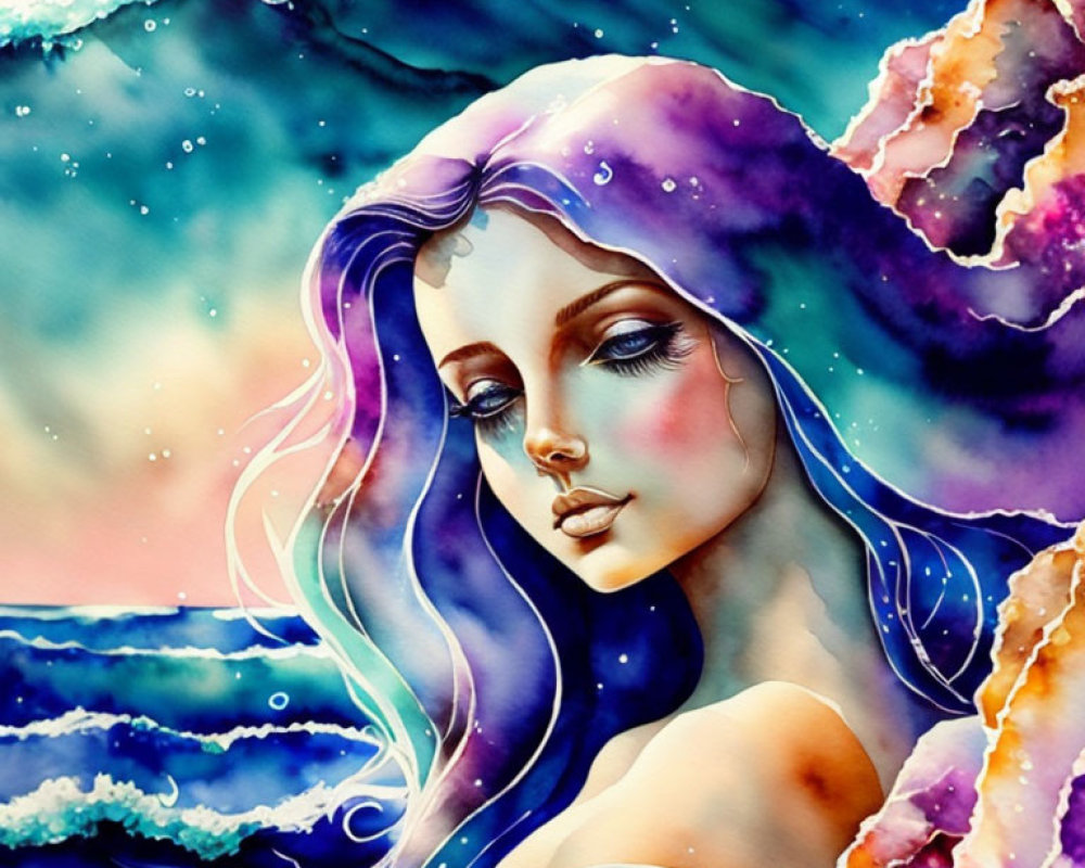 Vibrant Watercolor Mermaid with Purple Hair and Serene Expression