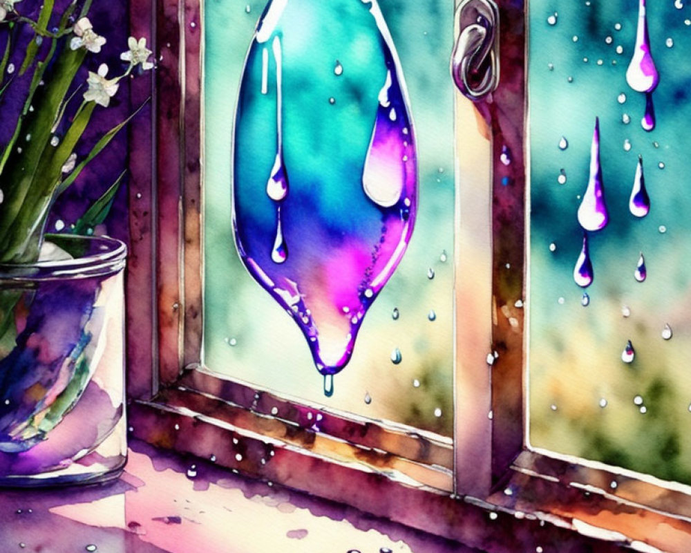 Window with Raindrops and White Flowers Watercolor Painting