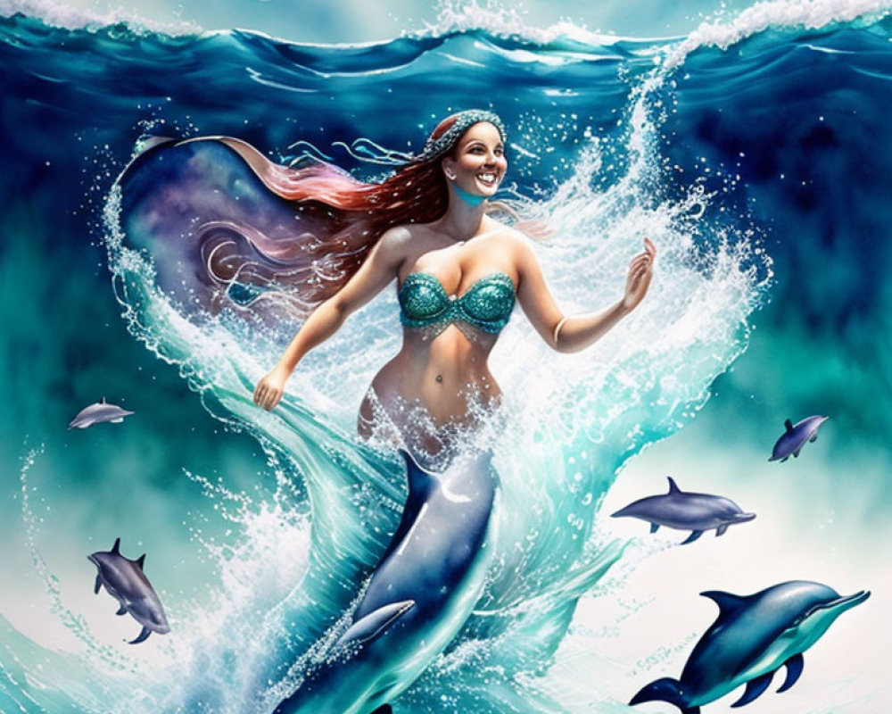 Mermaid swimming with dolphins in underwater scene