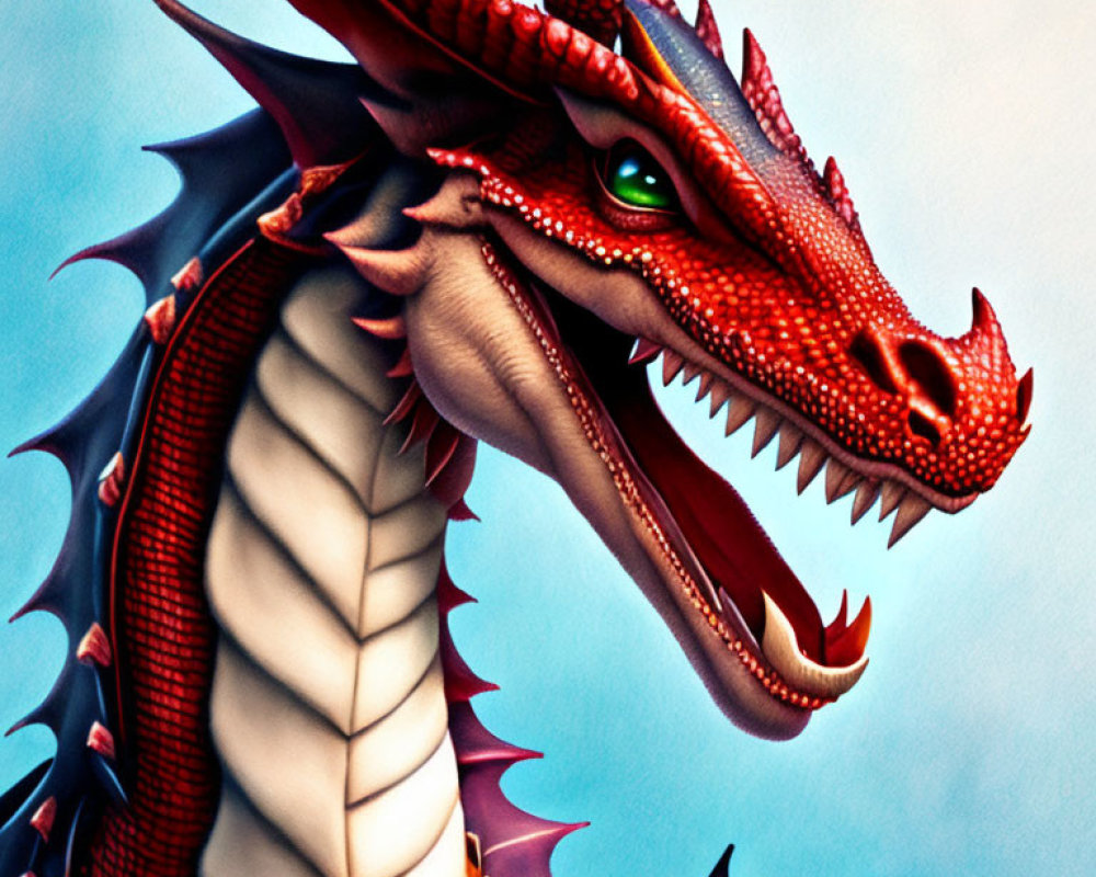 Detailed Illustration: Red Dragon with Green Eyes, Sharp Horns, and Red-to-White Transition