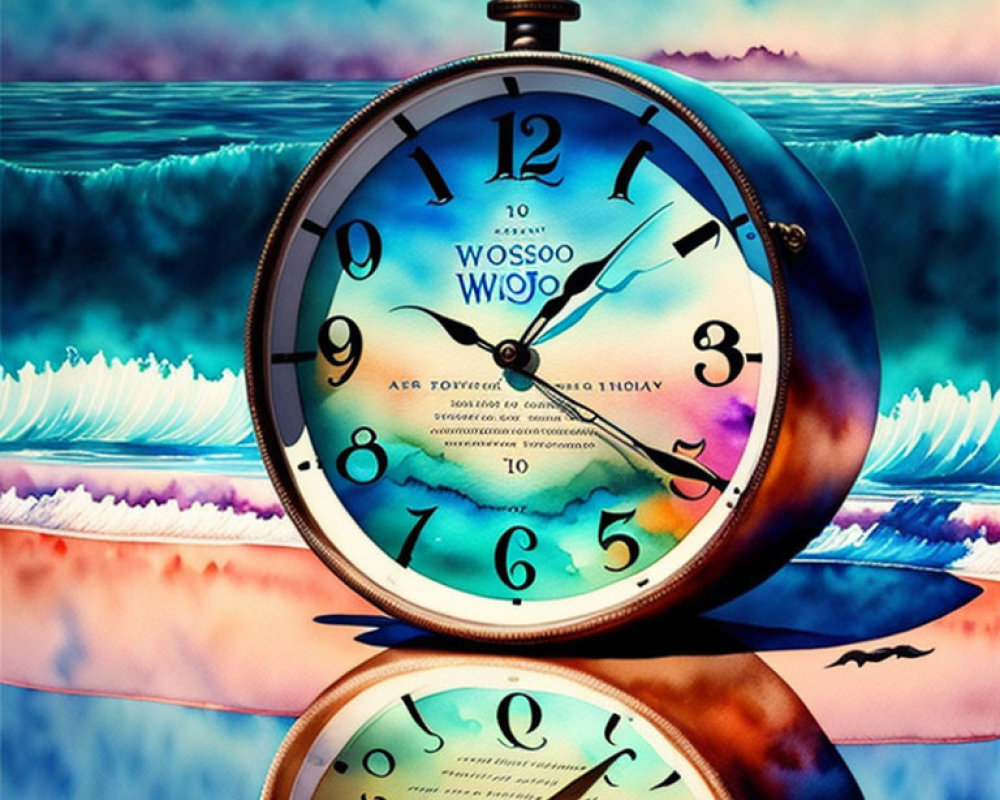 Surreal artwork: Pocket watch merges with ocean waves and sky above, symbolizing time and nature
