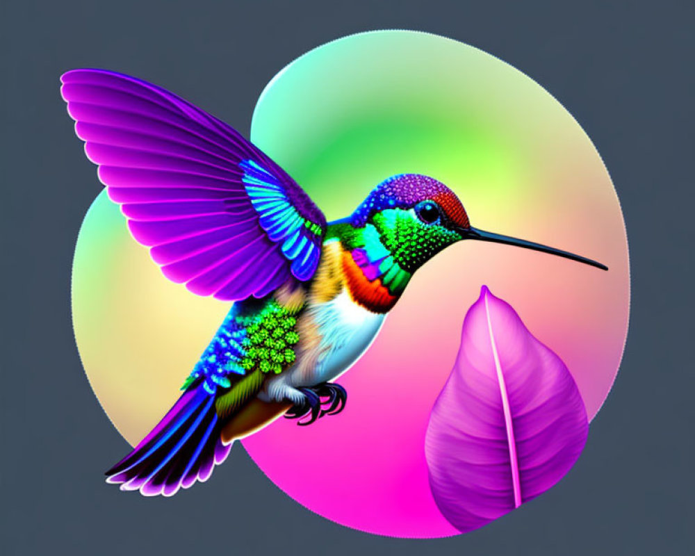 Colorful digital illustration of iridescent hummingbird in flight with purple leaf on soft-focus background
