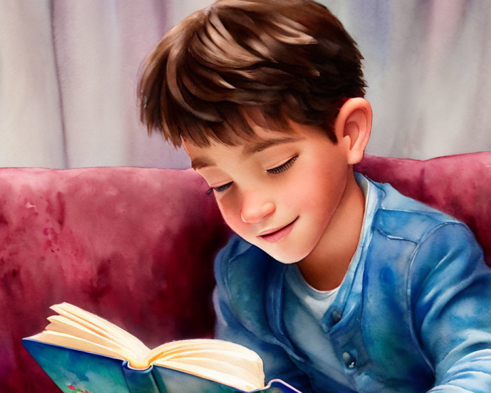 Child with brown hair reading colorful book on red couch wearing blue shirt