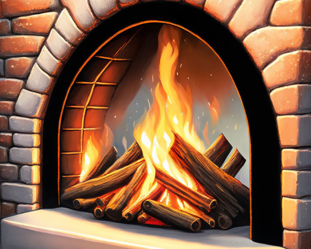 Brick fireplace with cozy roaring fire