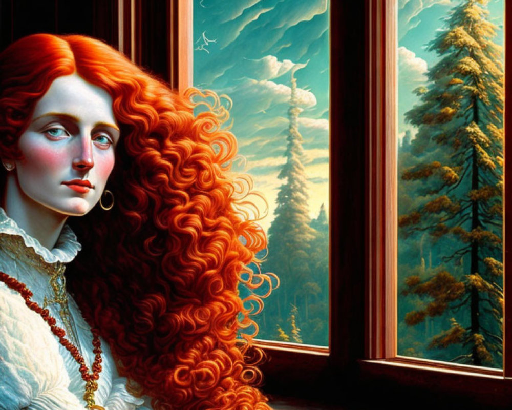 Red-haired woman gazes thoughtfully by window with pine forest view