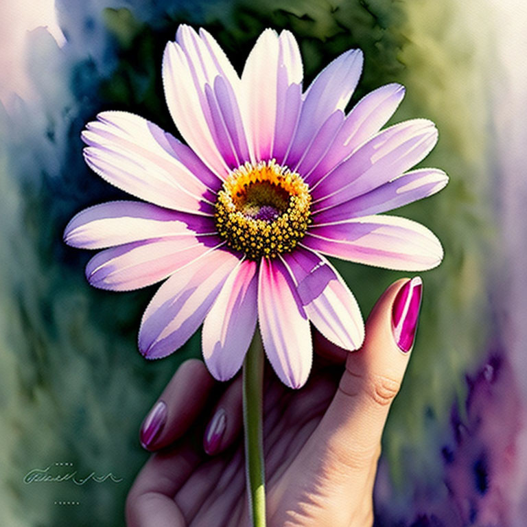 Pink nail polish hand holding pink and white daisy on green background