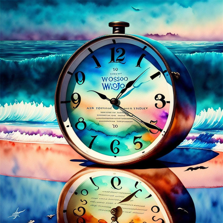 Surreal artwork: Pocket watch merges with ocean waves and sky above, symbolizing time and nature